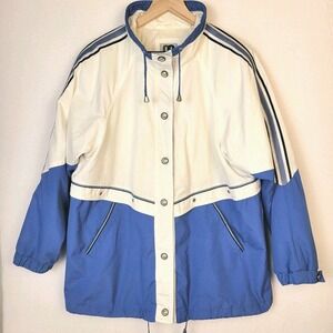 CS Signature Vintage Womens Windbreaker Jacket L Blue White 80s 90s Pockets
